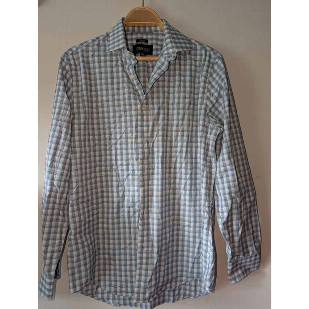 Men's Awearness Kenneth Cole Blue White Gingham Dress Shirt Neck 15.5, 32-33